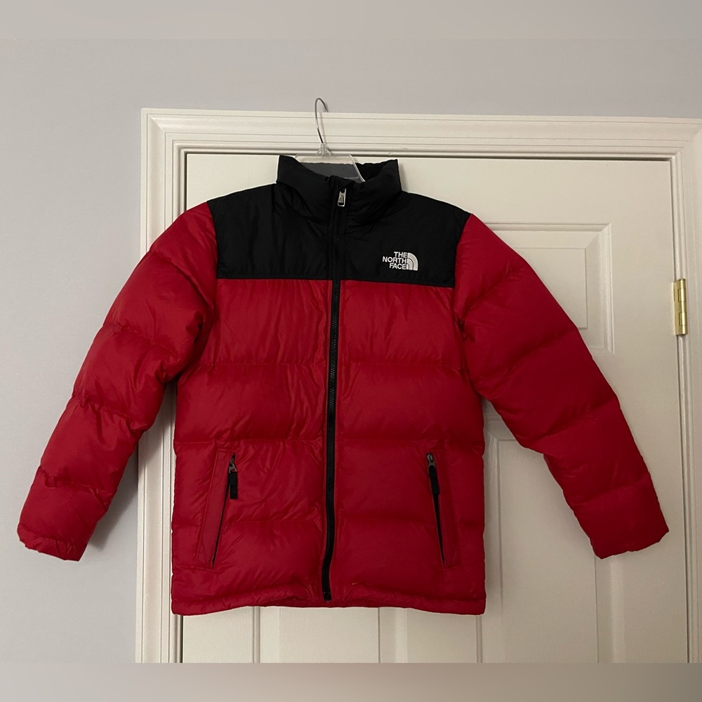 Boys North Face coat, size Large 14/16, red and black